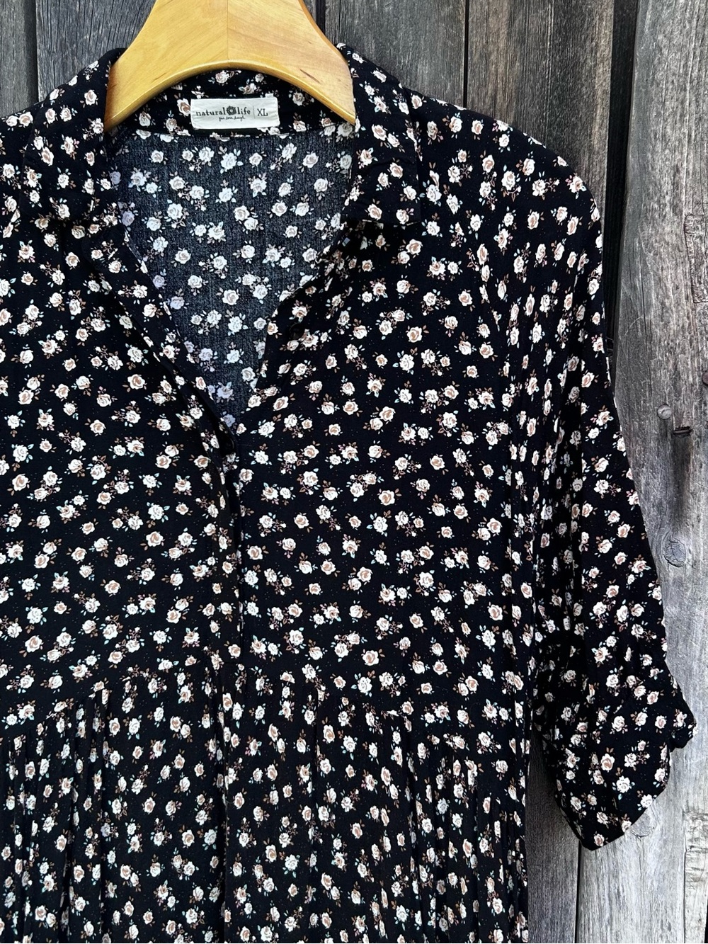 Natural Life Rebecca Midi Dress Rose Floral Print Rayon Black Cream XL - Picture 8 of 16